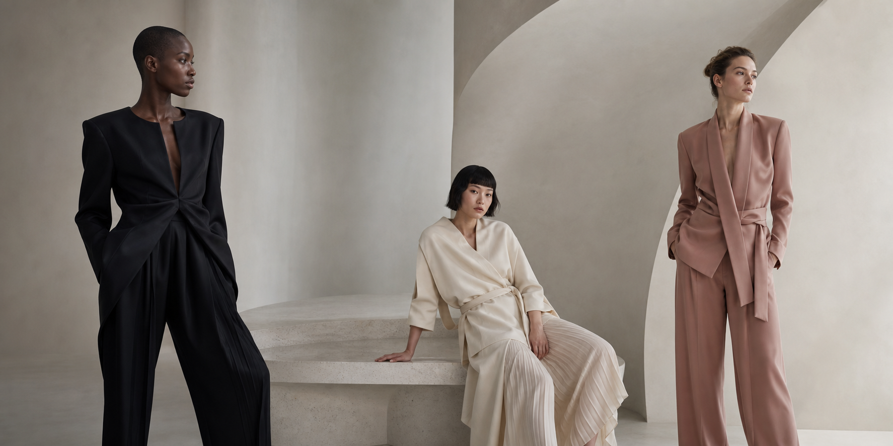 Model in architectural black tailoring