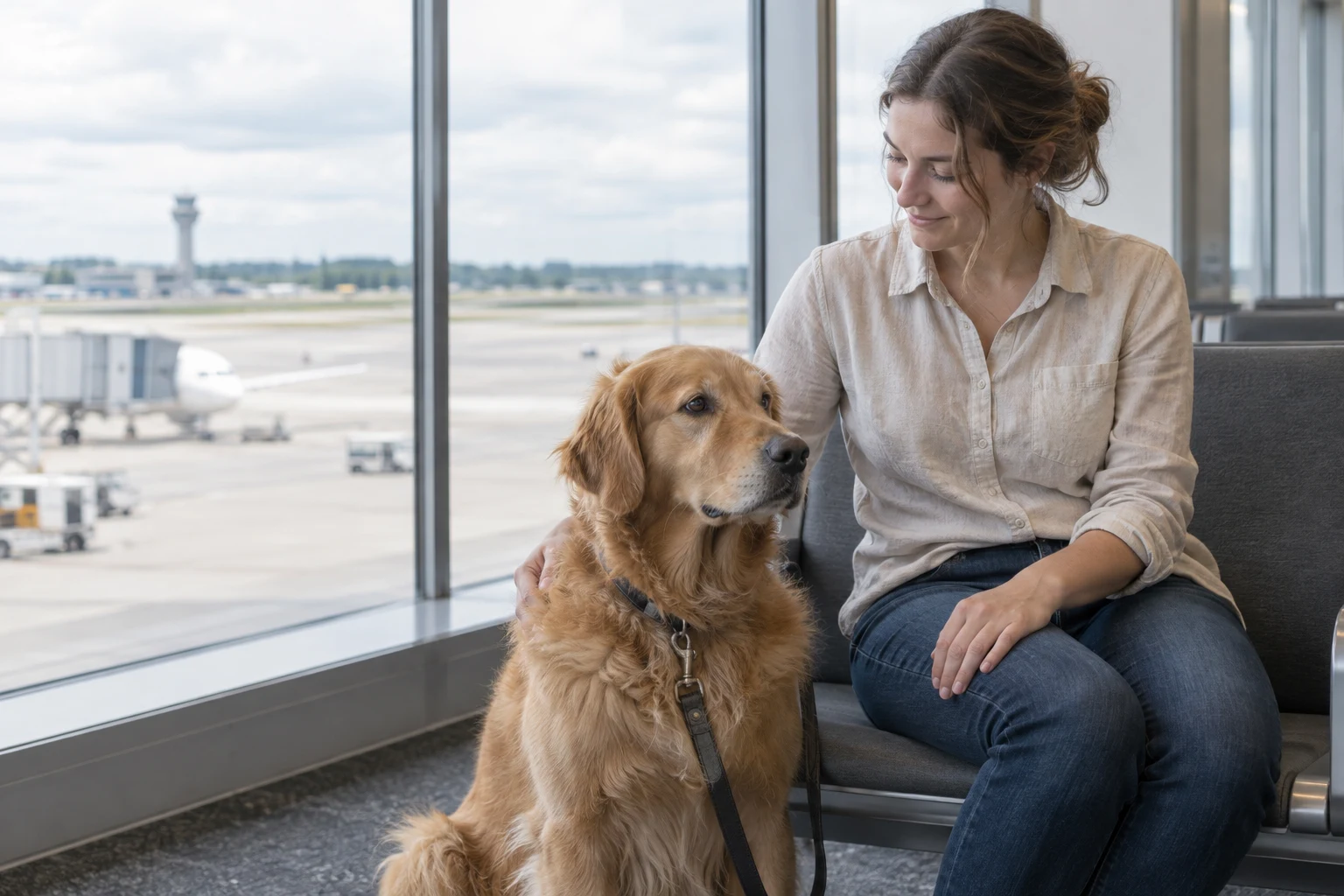A woman sitting beside her golden retriever at an airport window